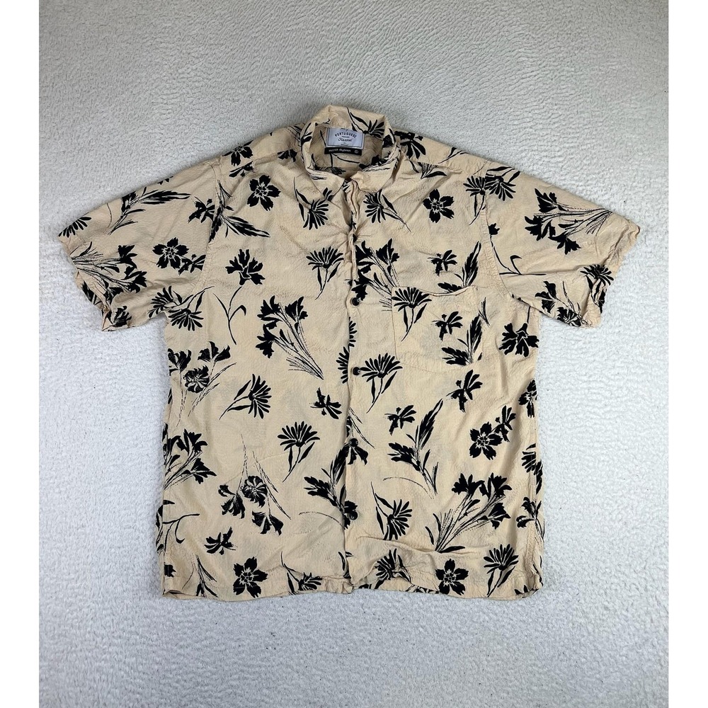 Portuguese Flannel Shirt Mens Large Beige Floral Viscose S/S Button Up Hawaiian